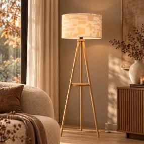 Drevená stojacia lampa s trojnožkou s bielym a béžovým pruhovaným tienidlom 50 cm - Lou