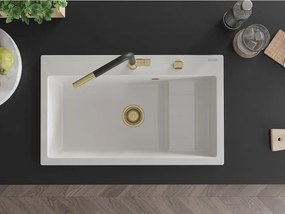 Mexen Omar žulový drez s jednou komorou 800 x 480 mm, biely, zlatý sifón - 6520801005-20-G