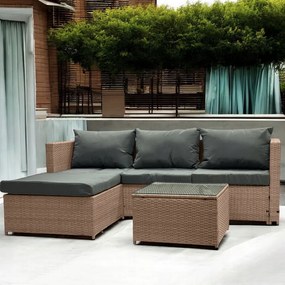 Svetlohnedá ratanová súprava so stolíkom a sivými vankúšmi