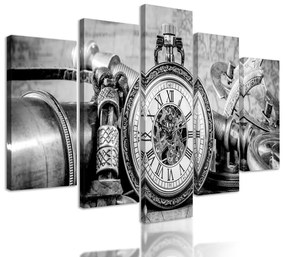 5-dielny obraz historické luxusné hodinky v čiernobielom prevedení
