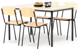 Jedálenská zostava: stôl + 4 stoličky, 1200x800 mm, breza / čierna