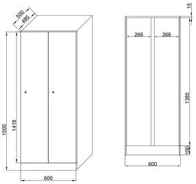 Šatníková skrinka znížená, 2 oddiely, 1500 x 600 x 500 mm, demont, kódový zámok, laminované dvere, biela