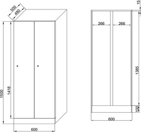 Šatníková skrinka S1 znížená, 2 oddiely, 1500 x 600 x 500 mm, otočný zámok, modré dvere
