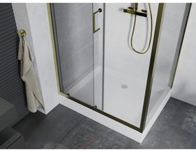 Mexen Apia, sprchový kút s posuvnými dverami 120 (dvere) x 80 (stena) cm, 6mm číre sklo, zlatý profil + biela sprchová vanička RIO, 840-120-080-50-00-4510