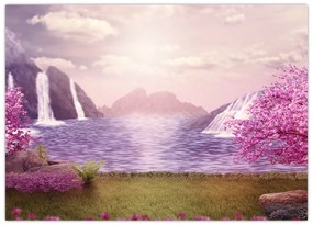 Sklenený obraz ružových stromov s jazerom (70x50 cm)