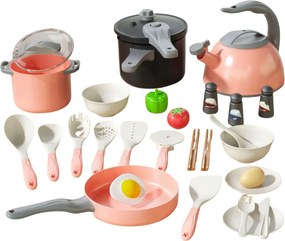 LEAN Toys Kuchynská súprava s hrncami a príslušenstvom na varenie, jedlo, ružová, 32 ks