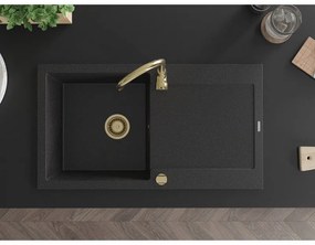 Mexen Leo, drez granitový 900x500x190 mm, 1-komorový, čierna-strieborná metalíza so zlatým sifónom, 6501901010-73-G