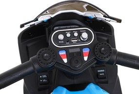 Ramiz BMW HP4 Detský motocykel na batérie Modrá + 3 kolieska + LED + MP3 USB + Eco koža