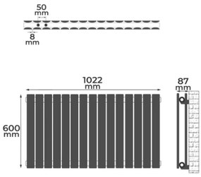 Horizontálny radiátor, stredové pripojenie, 600 x 1022 mm