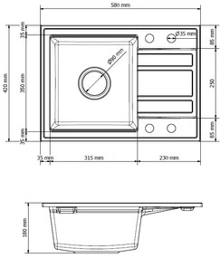 Gamma Modern 6040, 1-komorový granitový drez 580x420x185 mm s krátkym odkvapkávačom, čierna so zlatými bodmi, GMA-ZM-6040-GD
