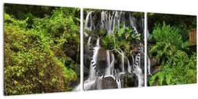 Obraz vodopádov v tropickom lese (s hodinami) (90x30 cm)