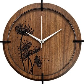 Drevené hodiny Wenge s čiernym kvetinovým motívom | SENTOP HDF0586-ORECH-WENGE