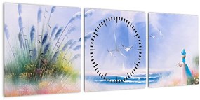 Obraz - Romantická pláž, olejomaľba (s hodinami) (90x30 cm)