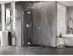 Mexen Lunar, päťuholníkový sprchový kút s ľavým sklonom 90 x 90 cm, 8mm číre sklo, biely profil, 831-090L-090P-20-00-L