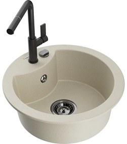 Mexen Diego, 1-komorový granitový drez 488x488x167 mm a drezová batéria Flora, béžová, 6512-69-670401-70-B