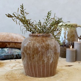 Hnědá kameninová váza s proužky Nature – Ø23*23 cm