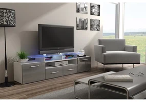 TV stolík + skrinka Blaise (biela + sivý lesk) (osvetlenie LED biele). Vlastná spoľahlivá doprava až k Vám domov. 1058809