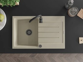 Mexen Bruno, granitový drez 795x495x200 mm, 1-komorový, béžová s čiernym sifónom, 6513791010-69-B