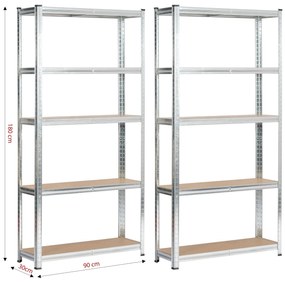 Sada 2 ks kovových regálů REGMET 90x30x180 cm stříbrná