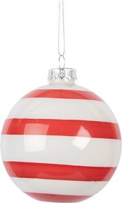 Červenobiela pruhovaná sklenená ozdoba gule - Ø 8*8 cm