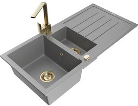 Mexen Andres, granitový drez 1000x500x200 mm, 1,5-komorový, šedá so zlatým sifónom a zlatá drezová batéria Rita, 6515-71-670300-50