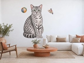 Egyptská mau s loptičkou a myškou striebristo bodkované mačacie nálepky na stenu arch 31 x 46 cm