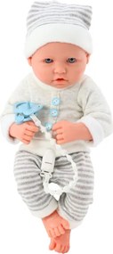LEAN Toys Bábika Bobas v bielo-sivom pruhovanom oblečení, s čiapočkou, cumlíkom a dekou