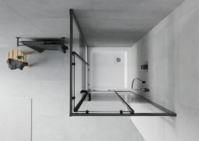 Mexen Rio, štvorcový sprchovací kút s posuvnými dverami 80(dvere) x 80(dvere) x 190 cm, 6mm číre sklo s pásikmi, čierny profil + biela sprchová vanička RIO, 860-080-080-70-20-4510