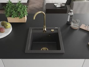 Mexen Vito, granitový drez 520x490x210 mm, 1-komorový, čierna škvrnitá so zlatým sifónom, 6503521000-76-G