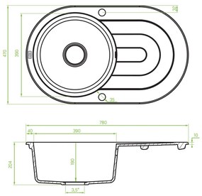 Laveo Dafne, 1-komorový granitový drez 780x470x204 mm, čierna, LAV-SBD_781T