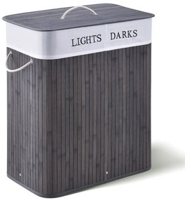 Bambusový košík na bielizeň 100 l, 2 priehradky, sivý