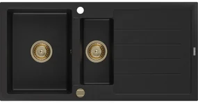 Mexen Andres, granitový drez 1000x500x200 mm, 1,5-komorový, čierna so zlatým sifónom, 6515101510-77-G