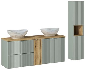 Kúpeľňová zostava Line Reed Green Pati so skrinkami a umývadlami 140 cm zelená/dub evoke
