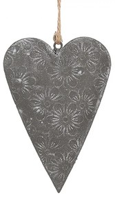 Šedé plechové ozdobné závesné srdce s kvetmi S - 11*2*8 cm