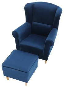 Kondela Kreslo, ušiak s taburetom, modrá látka, ASTRID