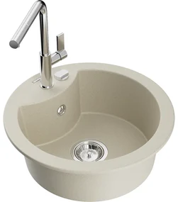 Mexen Diego, 1-komorový granitový drez 488x488x167 mm a drezová batéria Flora, béžová, 6512-69-670401-00