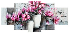 Gario Obraz s hodinami Ružové magnólie vo váze - 5 dielny Rozmery: 150 x 70 cm