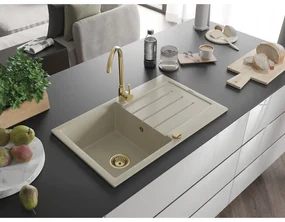 Mexen Bruno, granitový drez 795x495x200 mm, 1-komorový, béžová so zlatým sifónom, 6513791010-69-G