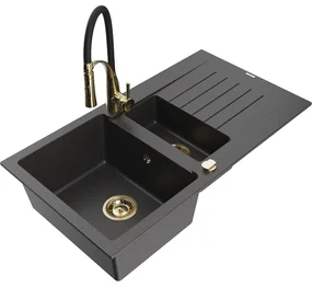 Mexen Matias, granitový drez 900x505x200 mm, 1,5-komorový a drezová batéria Aster, čierna škvrnitá, 6502-76-73450-57-G