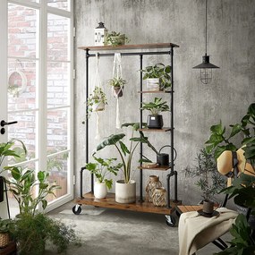 Stojan na šaty na kolieskach, 5 úrovní, s kovovými rúrami, rustkálny hnedý