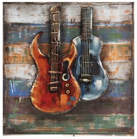 Nástenný drevený obraz s kovovou 3D dekoráciou Gitary - 60*5*60 cm