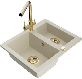 Mexen Carlos, 1,5-komorový granitový drez 582x475x177 mm a drezová batéria Duero, béžová, 6518-69-671600-50