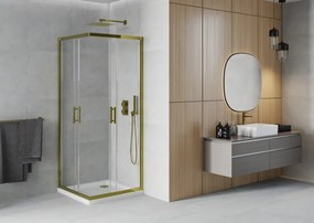 Mexen Rio, štvorcový sprchovací kút s posuvnými dverami 80(dvere) x 80(dvere) x 190 cm, 6mm číre sklo, zlatý profil + biela sprchová vanička SLIM, 860-080-080-50-00-4010G