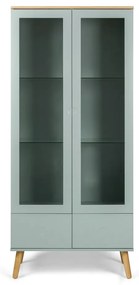 Zelená vitrína s detailmi v dekore dubového dreva Tenzo Dot, výška 175 cm