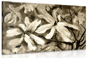 Obraz rozkvitnutý akvarelový strom v sépiovom prevedení