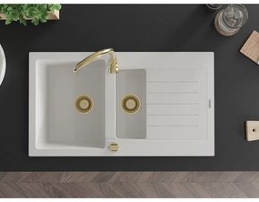 Mexen Matias - drez granitový 900x505x200 mm, 1,5-komorový, biela so zlatým sifónom, 6502901505-20-G