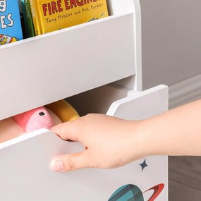 Detský organizér na knihy s úložným boxom na hračky, biely s vesmírnym motívom