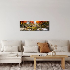 Obraz - Vodopády v jesennej krajine, oranžový (s hodinami) (90x30 cm)