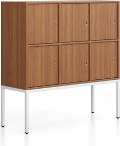 Kancelárska skriňa FRAME, nízka, biela podnož, 6x dvere, 1299 x 450 x 1331 mm, cylindrický zámok, orech