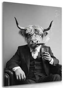 Obraz krava v obleku s cigarou a whiskey